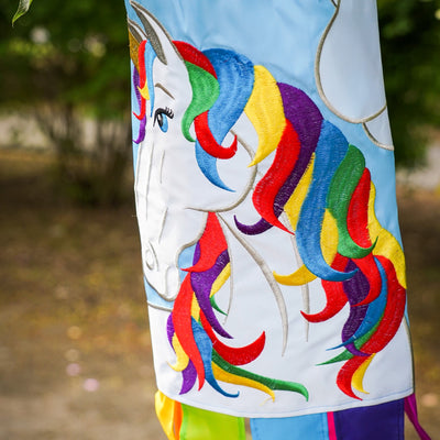 Unicorn 40-inch windsock in vibrant colors with a whimsical design features embroidered details, fluttering tails, and durable material for outdoor enjoyment.