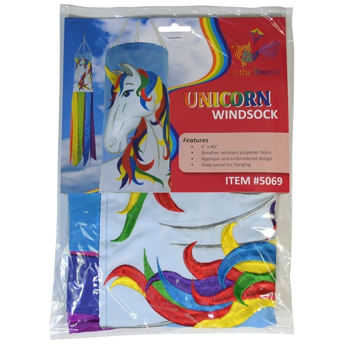 Unicorn 40-inch windsock in vibrant colors with a whimsical design features embroidered details, fluttering tails, and durable material for outdoor enjoyment.