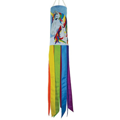 Unicorn 40-inch windsock in vibrant colors with a whimsical design features embroidered details, fluttering tails, and durable material for outdoor enjoyment.