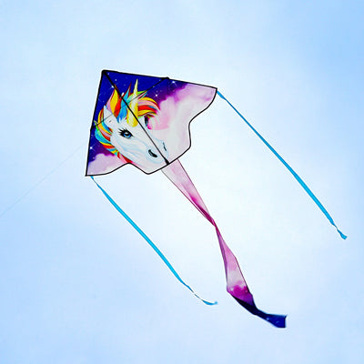 The Unicorn 45" Fly-Hi Kite features a colorful, fantasy-themed design that captivates as it soars, perfect for outdoor flying adventures with family.