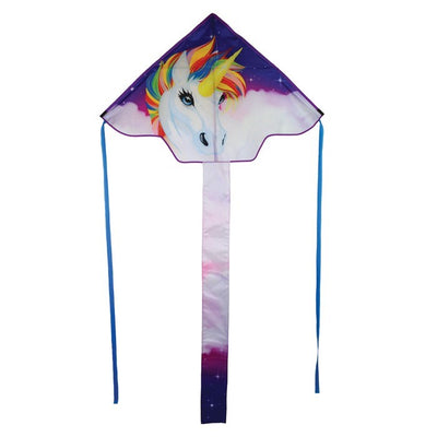 The Unicorn 45" Fly-Hi Kite features a colorful, fantasy-themed design that captivates as it soars, perfect for outdoor flying adventures with family.