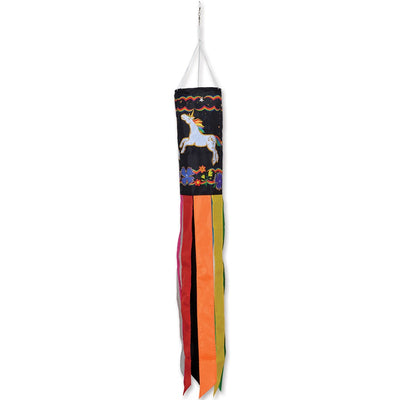 Colorful Unicorn Party windsock featuring embroidered design, displayed outdoors and gently swaying in the breeze.