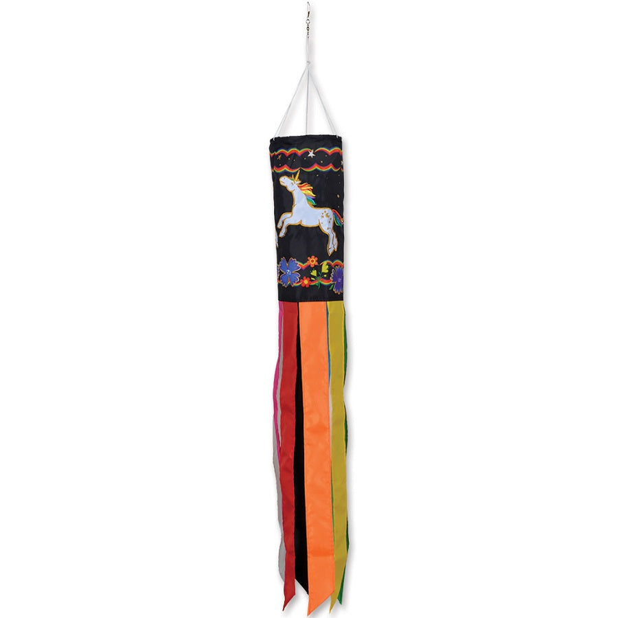 Colorful Unicorn Party windsock featuring embroidered design, displayed outdoors and gently swaying in the breeze.