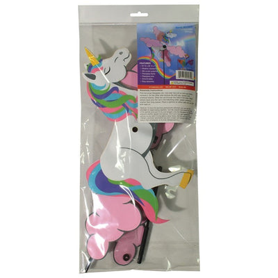 Unicorn Whirligig garden spinner featuring a whimsical unicorn design and vibrant colors, spinning in gentle outdoor breeze.