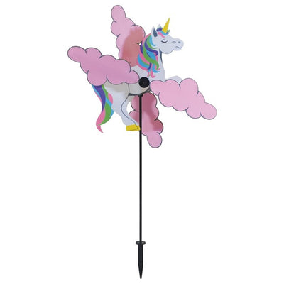Unicorn Whirligig garden spinner featuring a whimsical unicorn design and vibrant colors, spinning in gentle outdoor breeze.