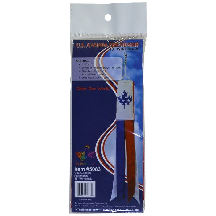 US/Canada Friendship 18-inch windsock featuring colorful applique design and fluttering tails displayed outdoors on a pole.