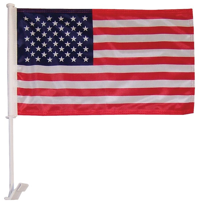 Vibrant U.S. Car Flag attached to a vehicle window, featuring the American flag design created from weather-resistant polyester fabric.
