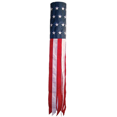 U.S. Stars and Stripes 60-inch windsock with embroidered stars and colorful tails displayed outside in a garden setting.
