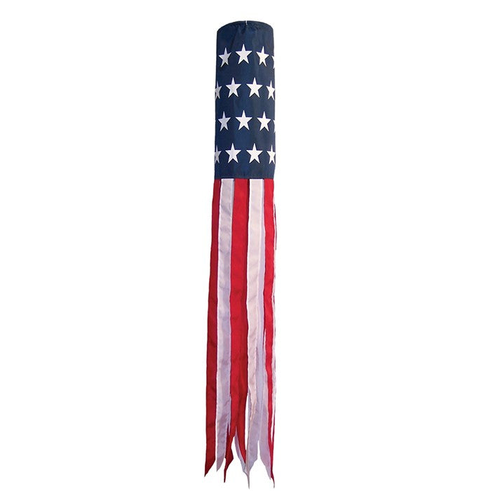 U.S. Stars and Stripes 60-inch windsock fluttering in the breeze, featuring printed stars and stripes in red, white, and blue.
