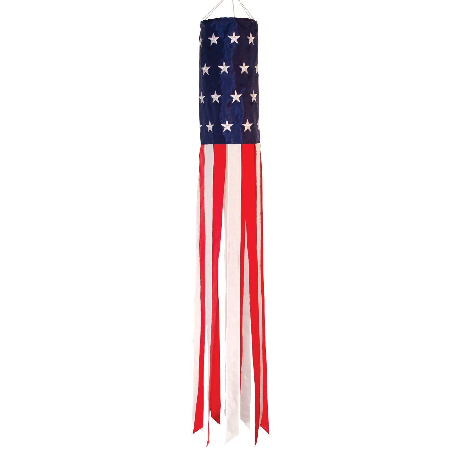 U.S. Stars and Stripes Embroidered 40-inch windsock with embroidered stars and colorful tails, fluttering outdoors in a patriotic display.