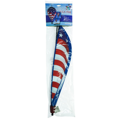 USA Flag 10-Panel Hot Air Balloon spinning in a gentle breeze, showcasing a vibrant American flag design in an outdoor garden setting.