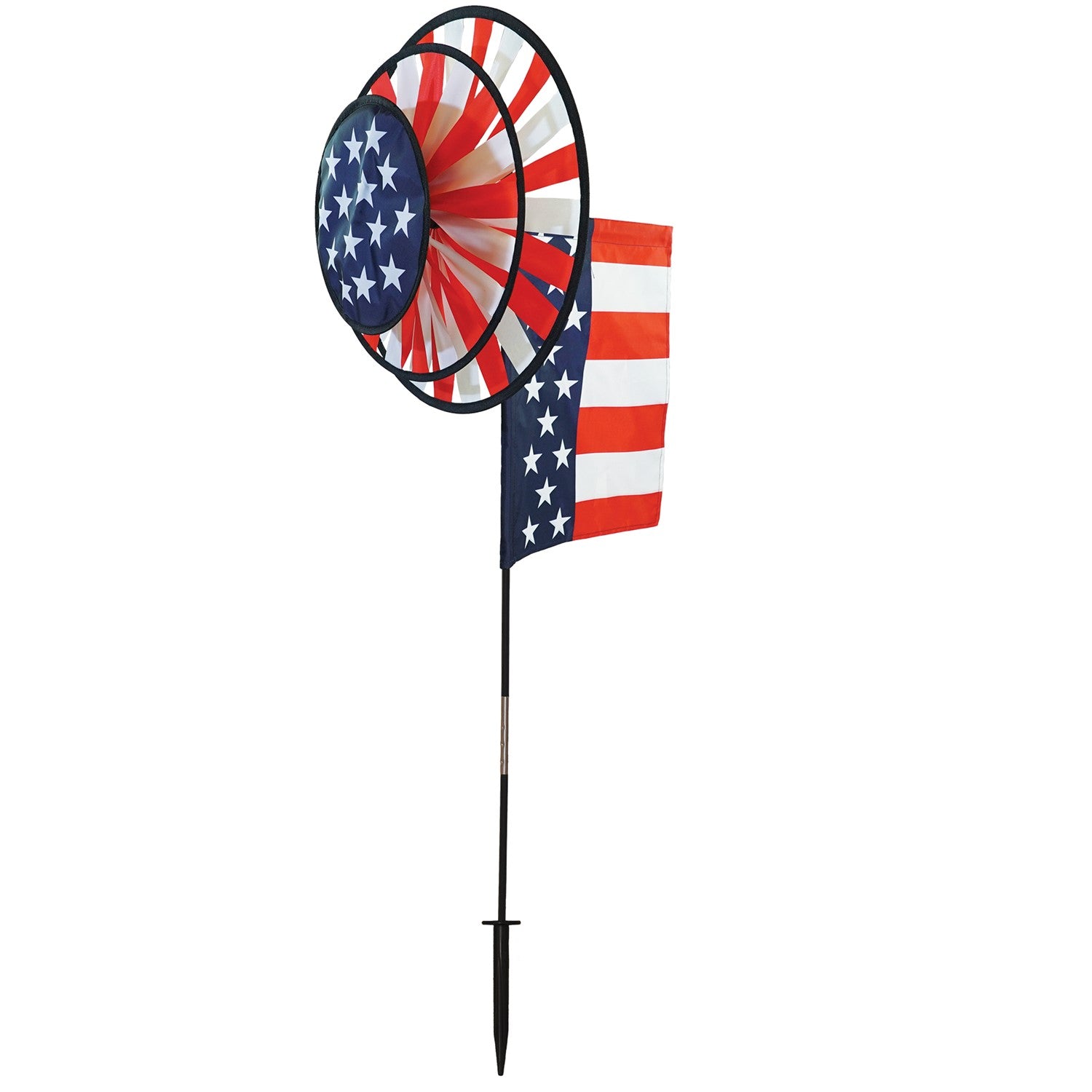 USA Flag Dual Spinner Wheels with red, white and blue design in a garden setting, featuring a garden flag and a robust pole for display.