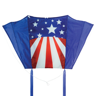 30-inch USA Sled Kite with vibrant Stars and Stripes design soaring against a blue sky, showcasing its easy-flying characteristics and stability.
