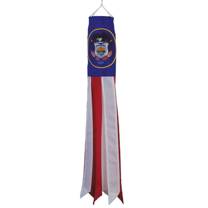 Vibrant Utah 18" windsock featuring state-themed colors and designs, fluttering in the breeze with durable polyester fabric for outdoor display.