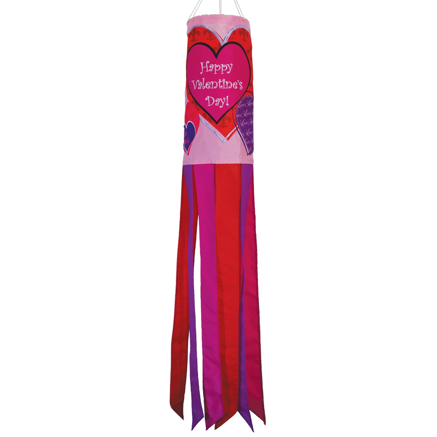 Valentine's Day 40-inch windsock with colorful heart appliques, fluttering gently in the wind, displayed outdoors on a sunny day.