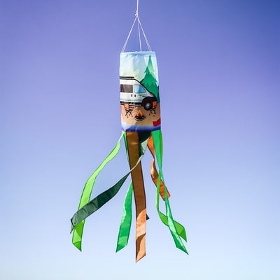 Vibrant 40-inch Van Life Inspiration Windsock with colorful graphics and fluttering tails displayed outdoors, capturing the spirit of camping and adventure.