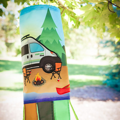 Vibrant 40-inch Van Life Inspiration Windsock with colorful graphics and fluttering tails displayed outdoors, capturing the spirit of camping and adventure.