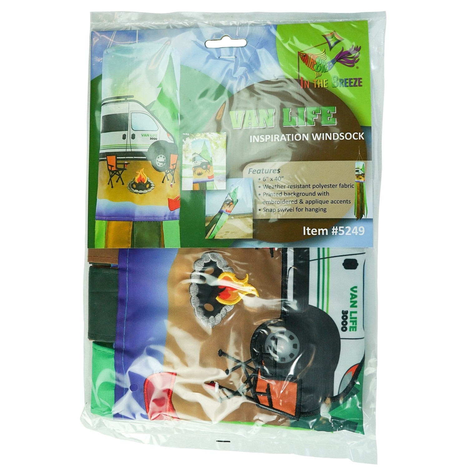 Vibrant 40-inch Van Life Inspiration Windsock with colorful graphics and fluttering tails displayed outdoors, capturing the spirit of camping and adventure.