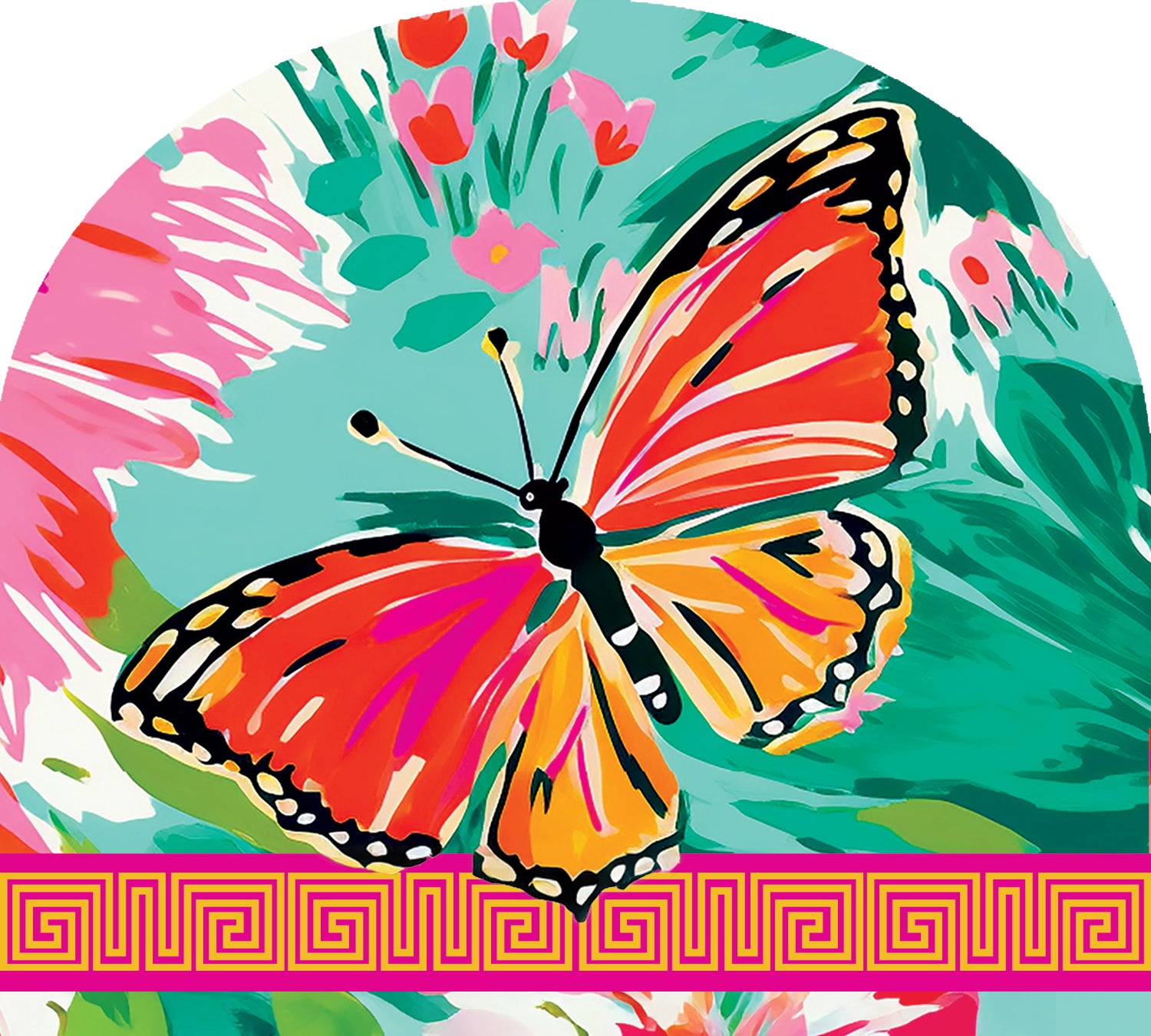 Vibrant Butterflies Arbor Mate panel with colorful butterfly designs displayed in an outdoor garden setting, enhancing the beauty of the landscape.