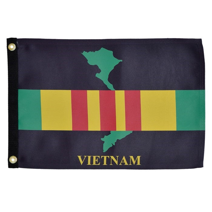 Vietnam Lustre 12x18 Grommet Flag featuring double-sided vibrant design displayed on an outdoor flagpole against a clear sky.
