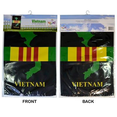 Vietnam Lustre Garden Flag featuring vibrant double-sided graphics on high-quality polyester displayed outdoors.