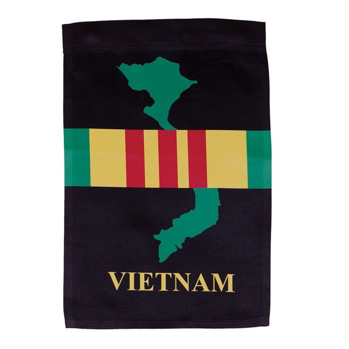 Vietnam Lustre Garden Flag featuring vibrant double-sided graphics on high-quality polyester displayed outdoors.