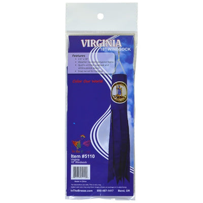 Virginia 18 inch windsock featuring colorful designs and fluttering tails under a blue sky, displayed in an outdoor garden setting.