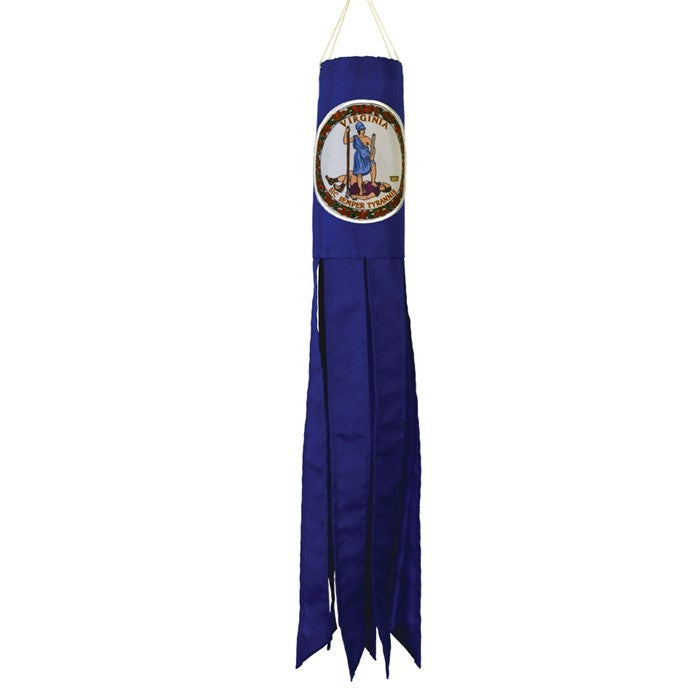 Virginia 18 inch windsock featuring colorful designs and fluttering tails under a blue sky, displayed in an outdoor garden setting.