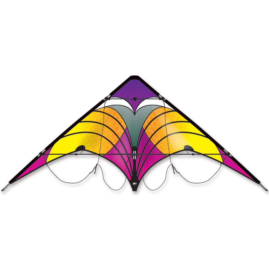 Vision Sport Kite - Sunset with vibrant colors soaring against a blue sky during a sunny day, showcasing its delta design.
