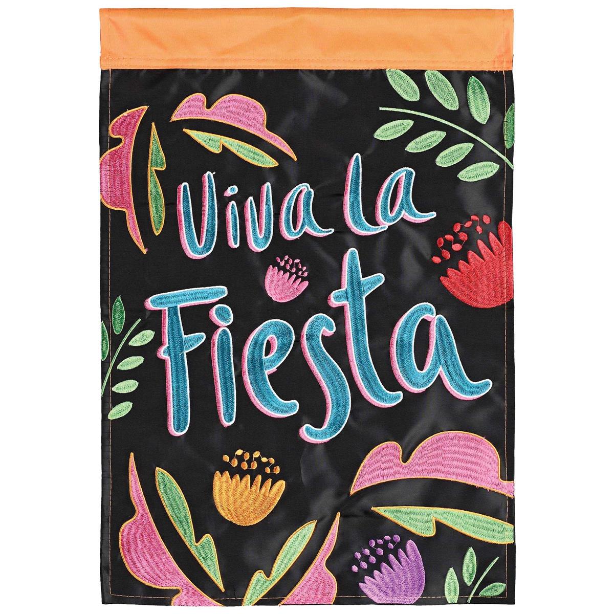 Viva La Fiesta double-applique garden flag featuring colorful designs displayed on an outdoor pole, ideal for festive outdoor decor.