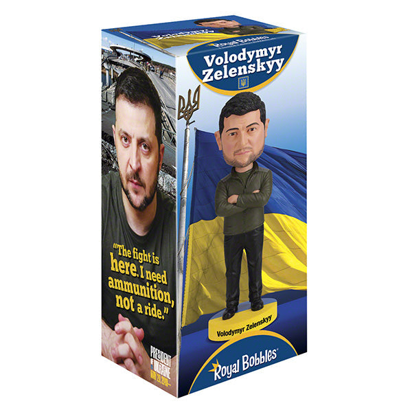 8-inch Volodymyr Zelenskyy bobblehead with authentic details and bright colors, depicting the Ukrainian president in a smiling pose.