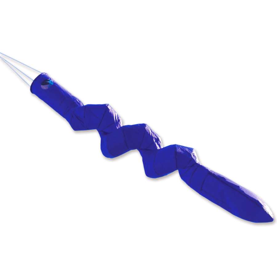 Vibrant blue Wackyworm Line Laundry 3-D windsock displaying a wiggly design, fluttering in the wind in a garden setting.