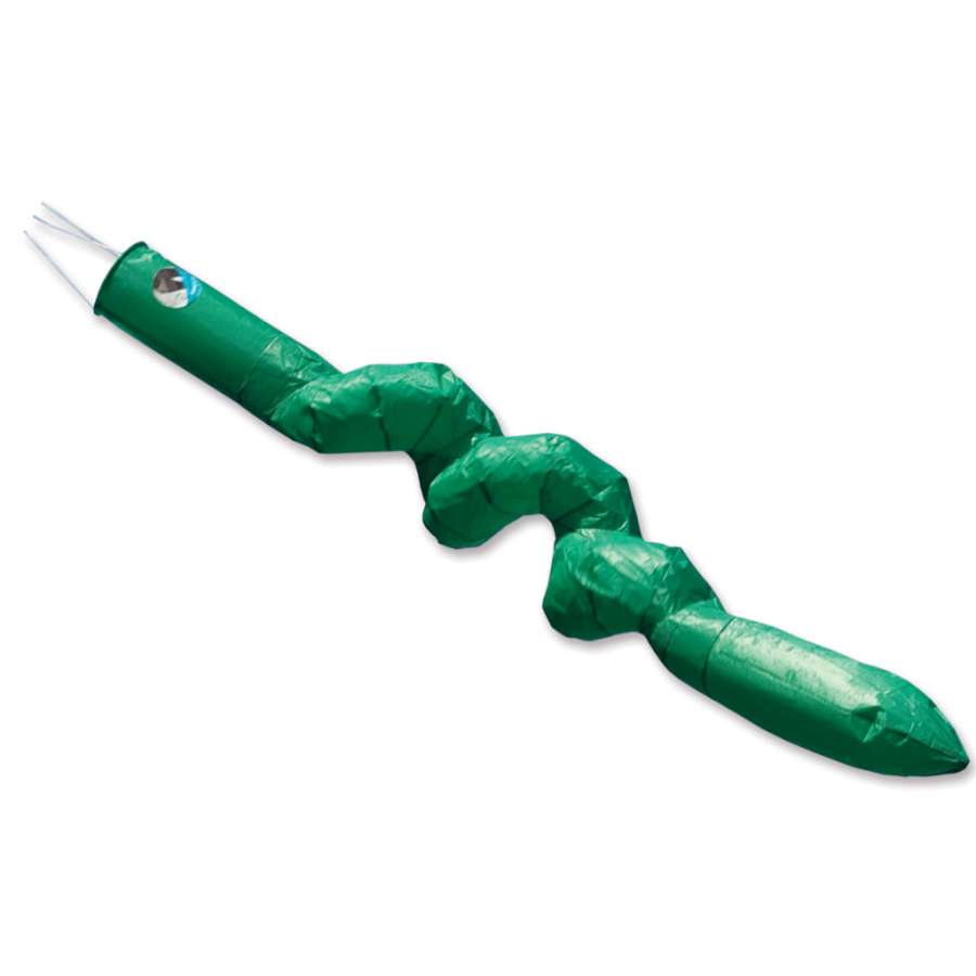 Wackyworm Line Laundry in vibrant green, a 6-foot long 3-D windsock, showcased dancing in the breeze on a windsock pole in a sunny backyard.