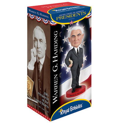 Warren G. Harding bobblehead standing 7 inches tall, intricately detailed, depicting the 29th President of the United States in historical attire.