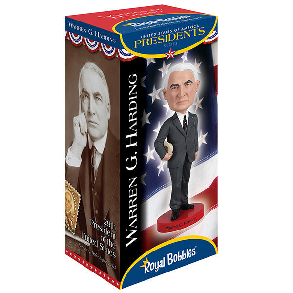 Warren G. Harding bobblehead standing 7 inches tall, intricately detailed, depicting the 29th President of the United States in historical attire.