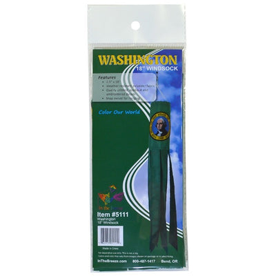 Washington 18-inch windsock with colorful tails fluttering in the breeze, showcasing vibrant applique and embroidered designs in an outdoor setting.