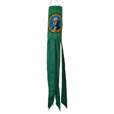 Washington 18-inch windsock with colorful tails fluttering in the breeze, showcasing vibrant applique and embroidered designs in an outdoor setting.