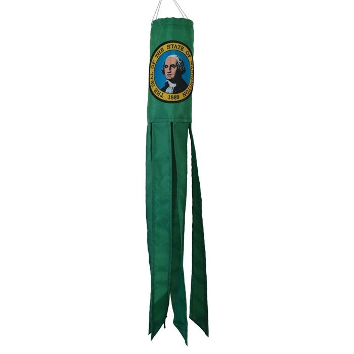 Washington 18-inch windsock with colorful tails fluttering in the breeze, showcasing vibrant applique and embroidered designs in an outdoor setting.