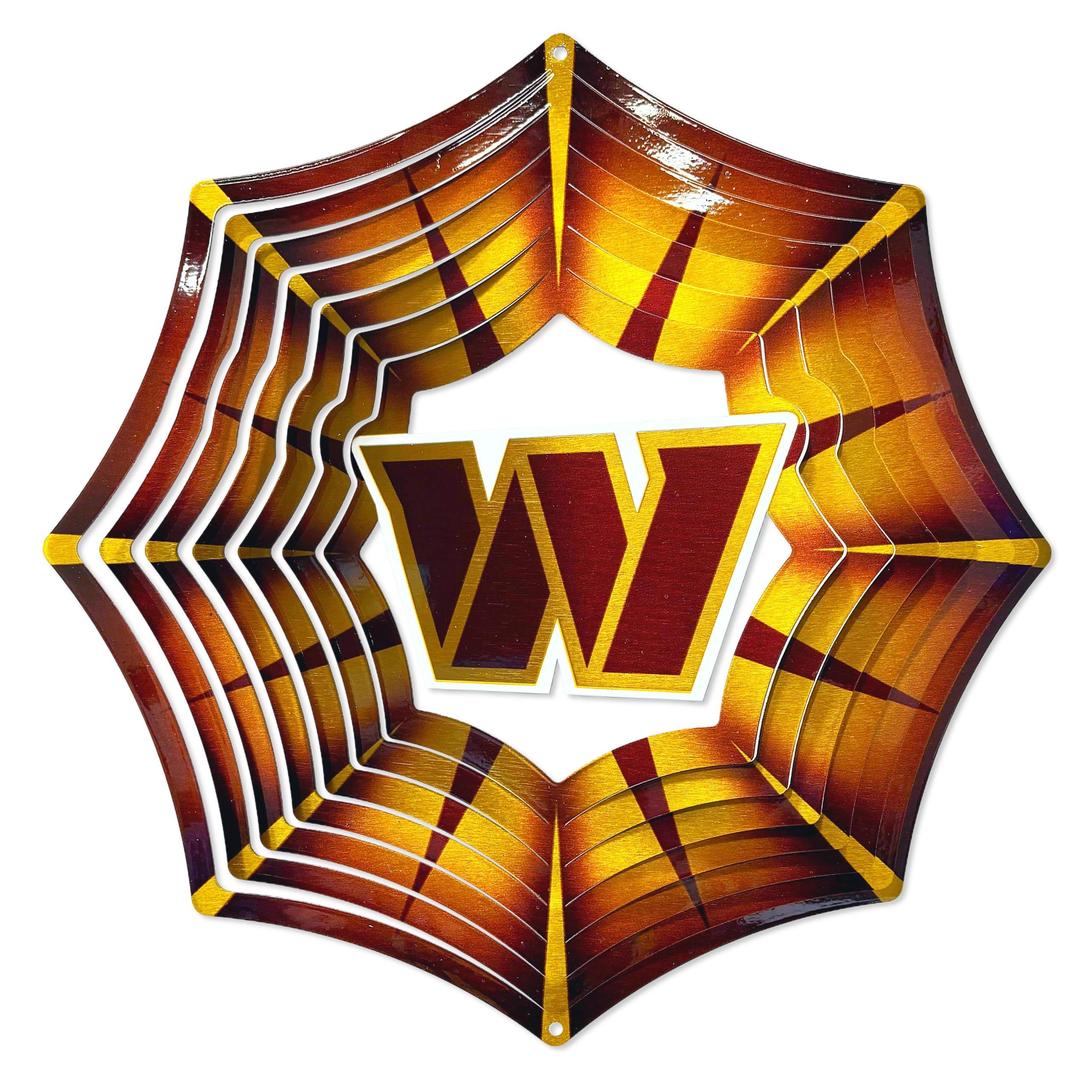 Washington Commanders NFL Wind Spinner featuring bold team artwork, spinning in a garden setting, designed for outdoor decoration and team pride.