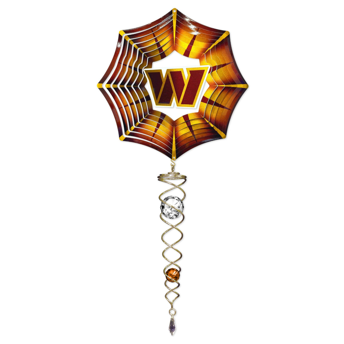 Washington Commanders mini wind spinner set featuring a 6.5-inch spinner and 7.5-inch crystal twister displayed in an outdoor garden setting.