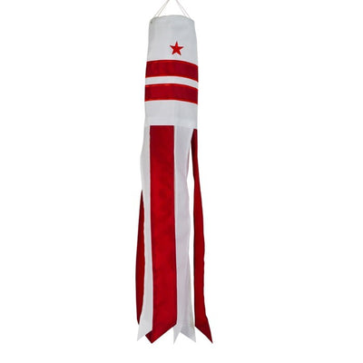 Washington DC 18-inch windsock featuring the DC flag design, with color-coordinated tails fluttering outdoors in a breezy garden setting.