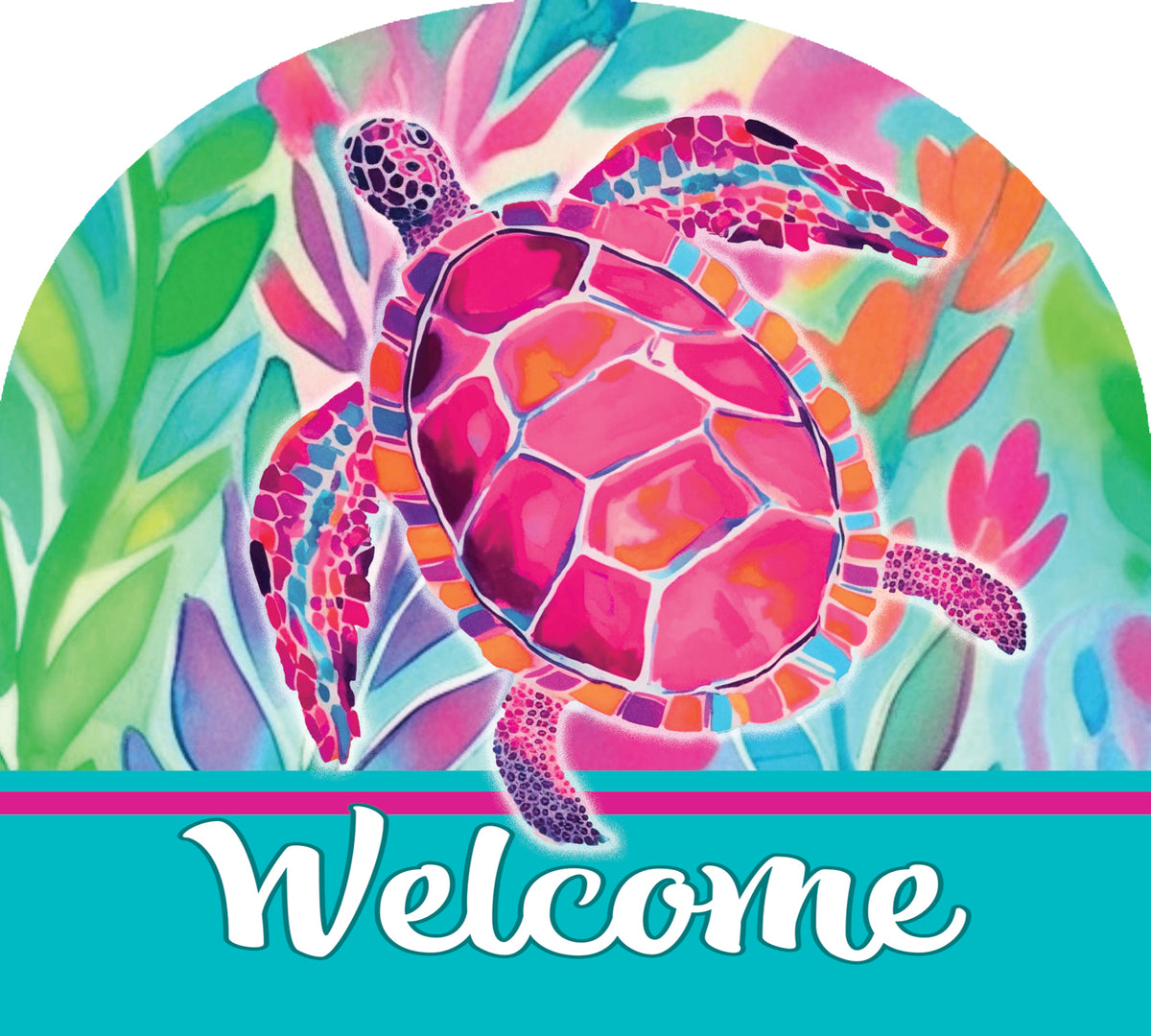 Watercolor Turtles Arbor Mate panel showcasing vibrant turtle artwork displayed in a garden setting on an Arbor Mate holder.