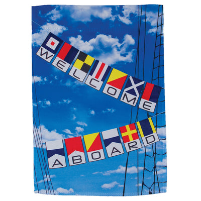 Welcome Aboard Lustre Garden Flag featuring a nautical design, displayed on a garden flag stand in a sunny outdoor setting.