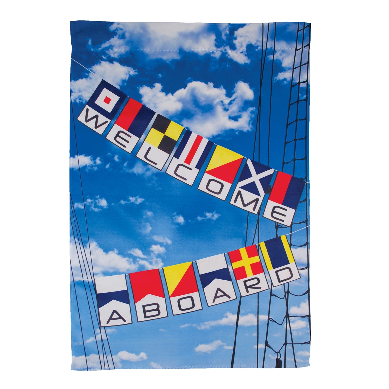 Welcome Aboard Lustre House Banner with double-sided nautical design, displayed on a flagpole in a vibrant outdoor setting.