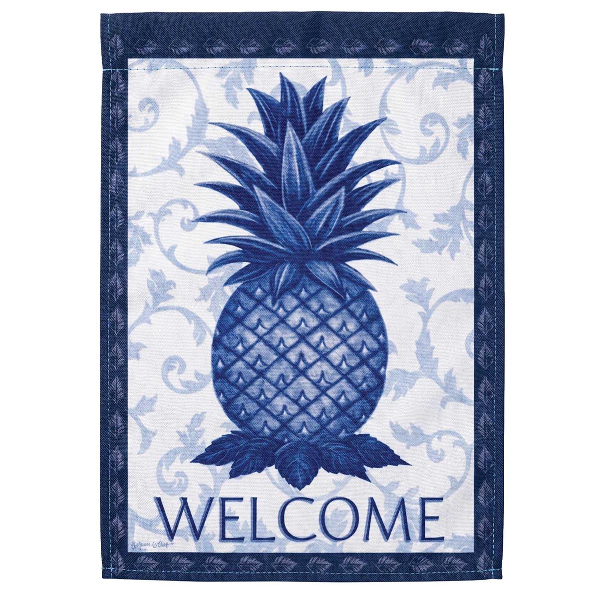 Welcome Blue Pineapple Banner Flag measuring 30x44 inches displaying a vibrant pineapple design on a blue background, illuminating outdoor decor.