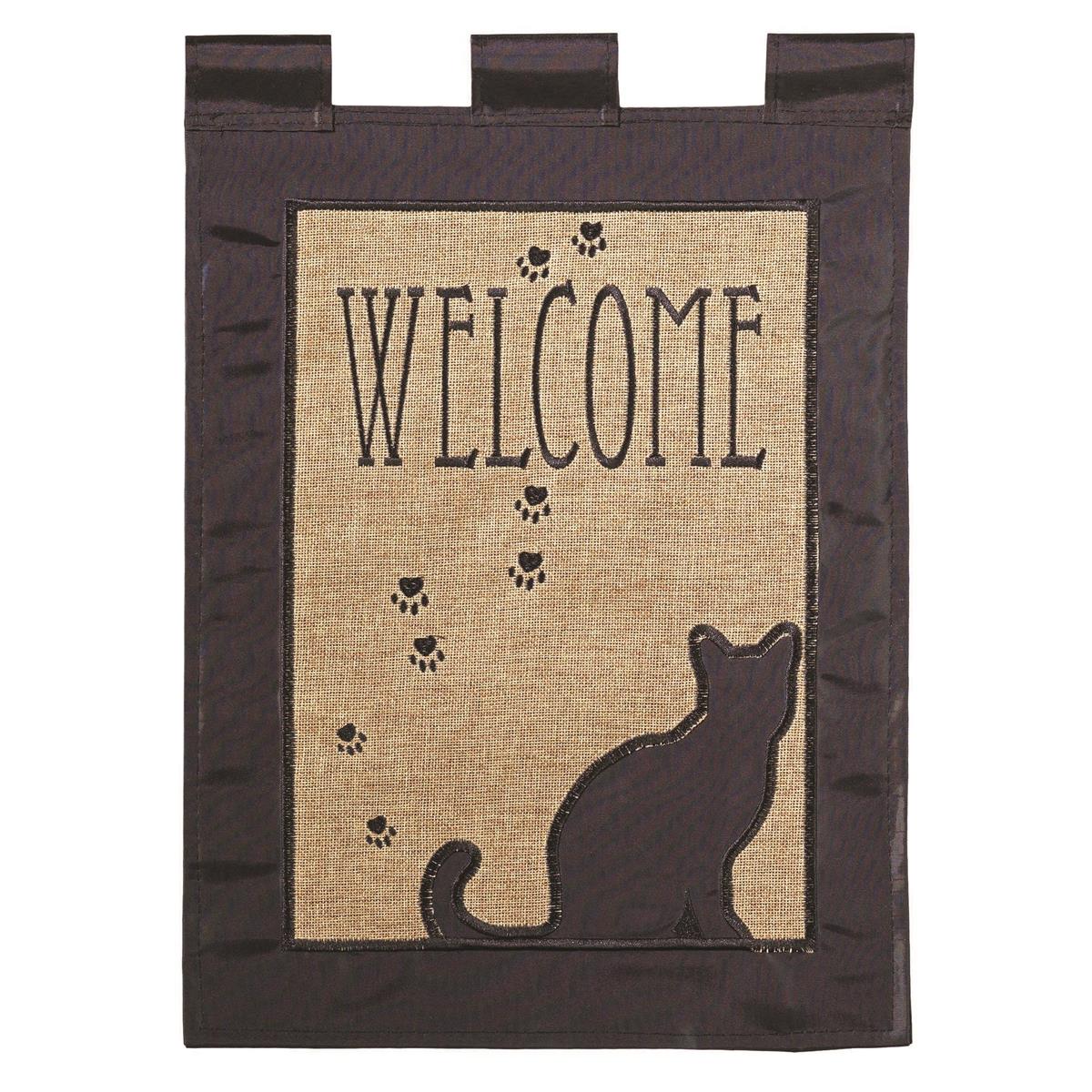 Welcome Cat Burlap Garden Flag showing an adorable cat design on both sides, displayed outdoors in a garden setting.