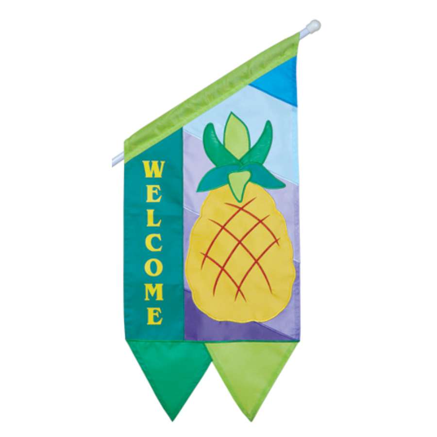 Oversized Welcome Customer Commercial Flag displayed prominently in front of a business entrance to greet arriving patrons.