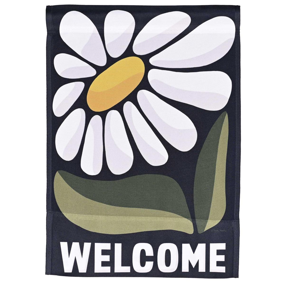 Welcome Daisy Flower Power Banner Flag displayed outdoors, featuring vibrant daisy design in bright colors, measuring 30x44 inches.