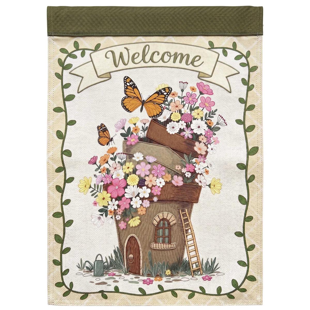 Welcome Fairy Garden flag, 13x18 inches, showcasing an enchanting design with appliques and embroidery, displayed in a whimsical garden setting.