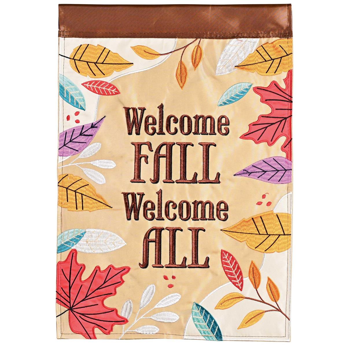 Welcome Fall Welcome All Banner Flag measuring 29x42 inches featuring intricate autumn-themed designs displayed outside on a flagpole.